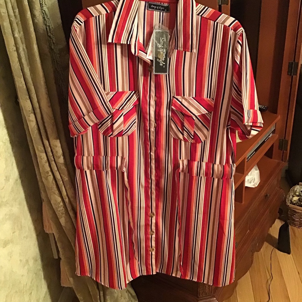 Women Song Style Lady Red striped Candy cane Dress shirt tunic Xlarge NWT